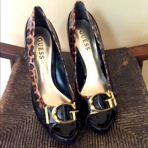 🔥 GUESS Leopard Print Peep-Toe Heels with Gold Logo